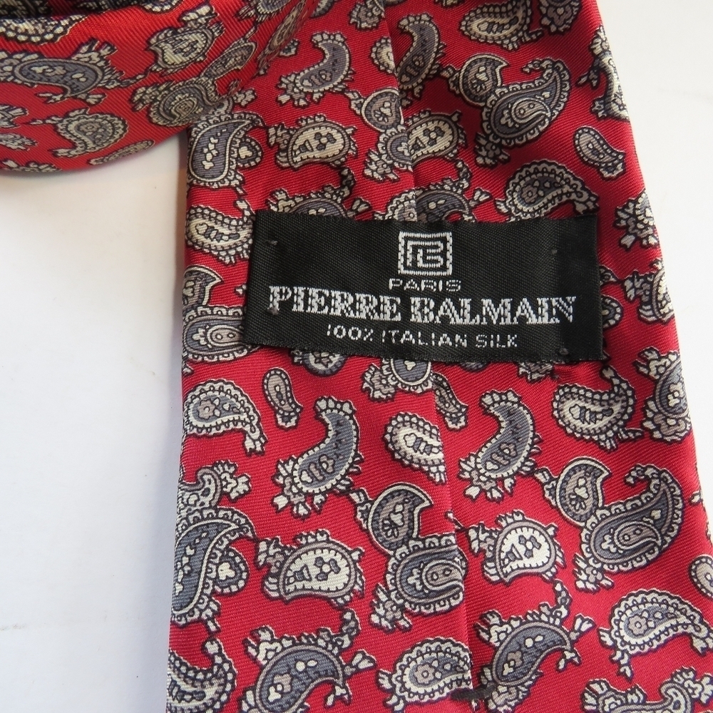 Vintage Pierre Balmain Paris Silk Red Gray Paisley Tie